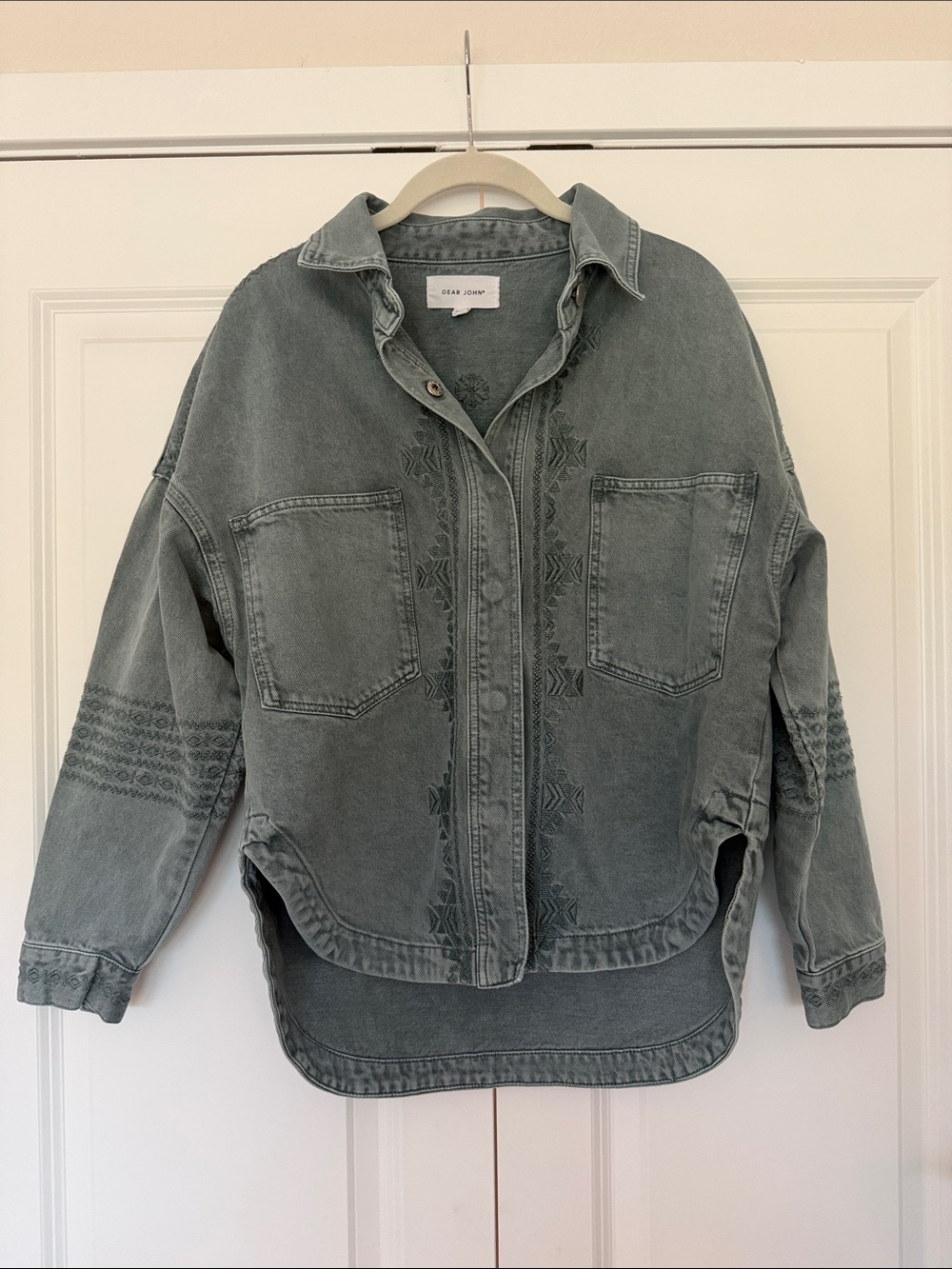 Dear John Faded Sage / Teal Embroidered Utility Jean Jacket. Size XS